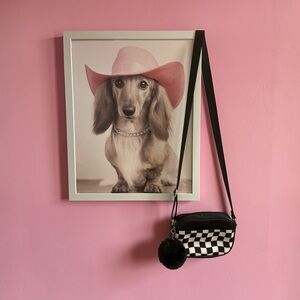 Stylish Black and White Checkered LD crossbody bag with fluffy pom accessory